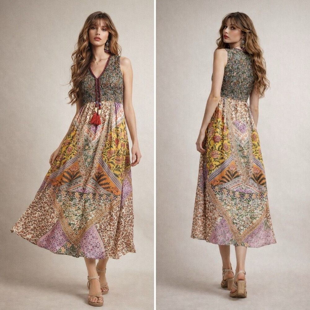 Sleeveless Boho Patchwork Midi Dress in Multi